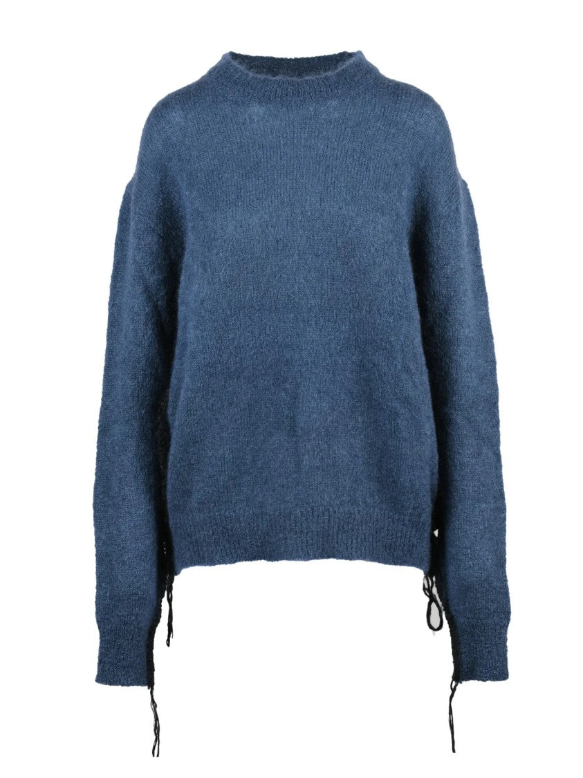 Nine In The Morning Blue Drawstring Mohair-Blend Crewneck Sweater