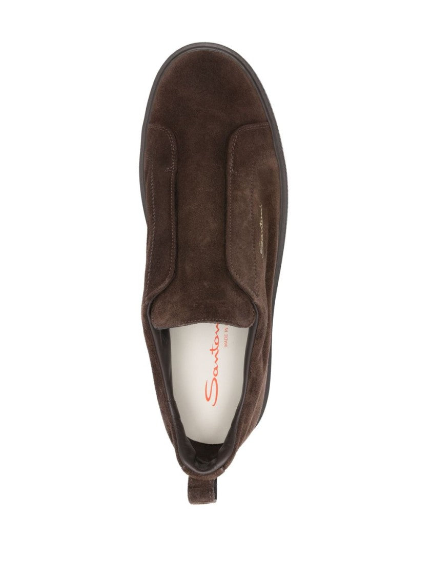 Santoni Coffee Brown Calf Suede Slip-On Sneakers
