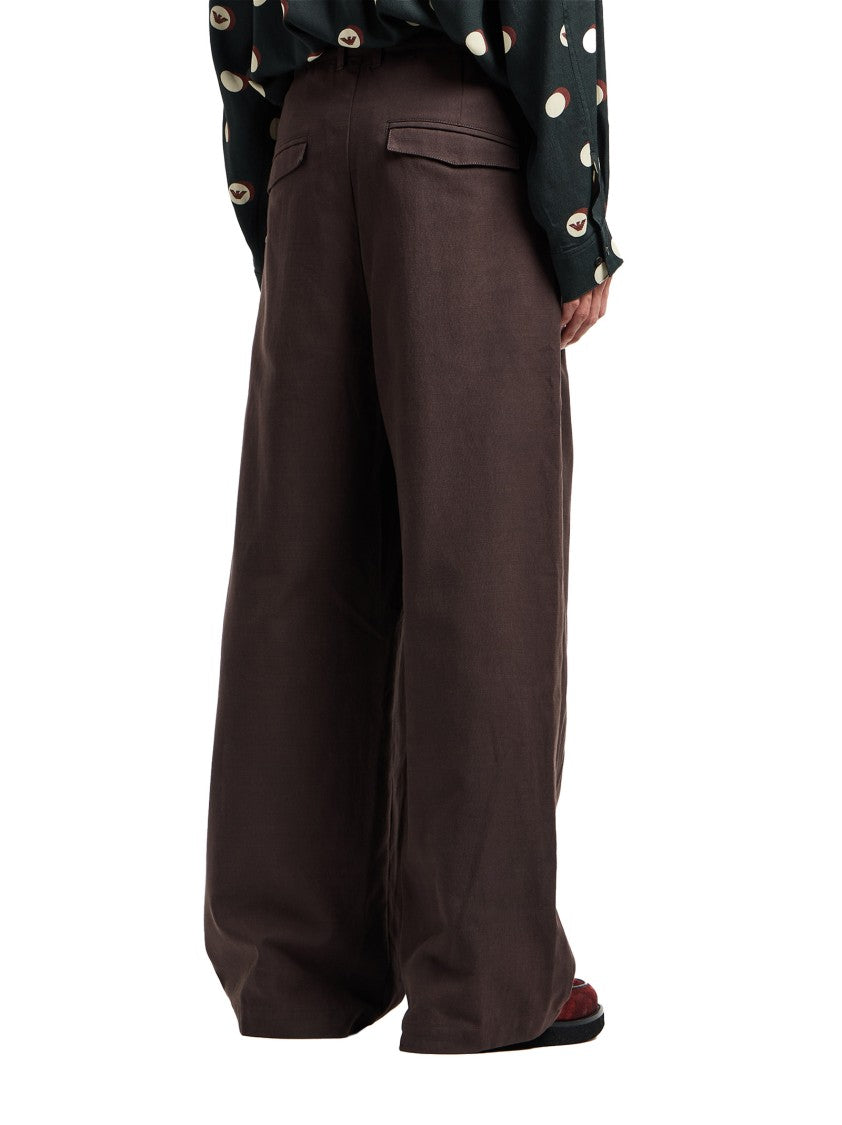 Emporio Armani Double Pleated Wide Leg Trousers In Soft Cotton-Lyocell Blend
