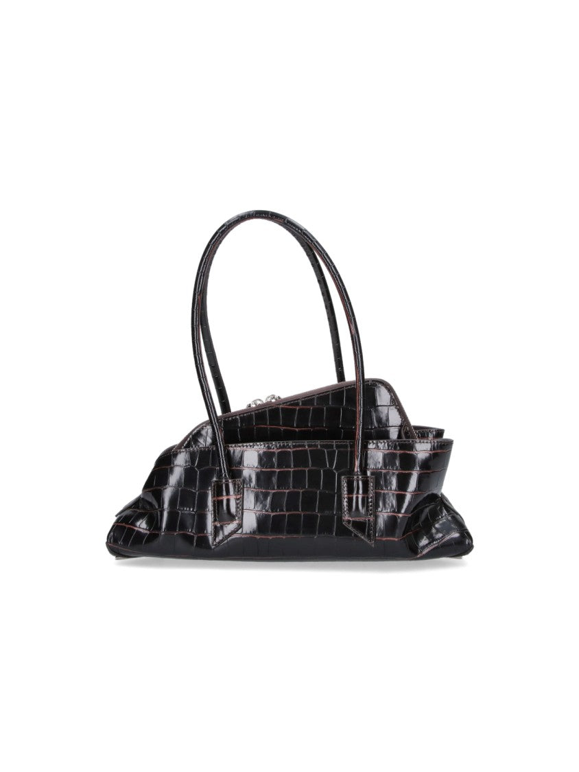 The Attico Glossy Crocodile-Embossed Black Handbag With Structured Handles