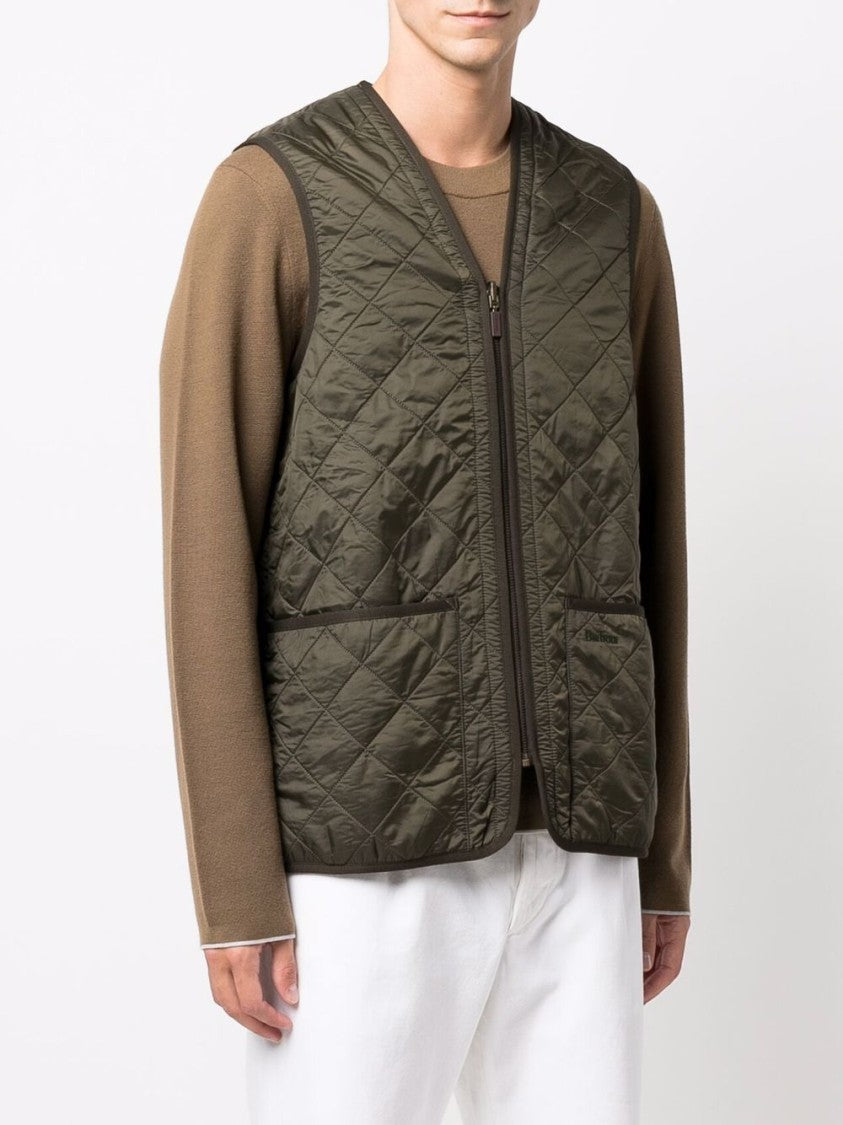 Barbour Olive Green Quilted Waistcoat With Embroidered Logo And Piped Trim