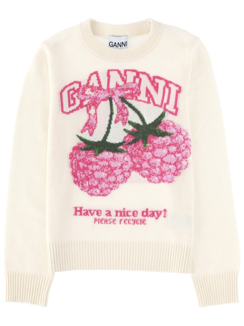 Ganni Raspberry Illustrations Ribbed Cuffs Knit Sweater