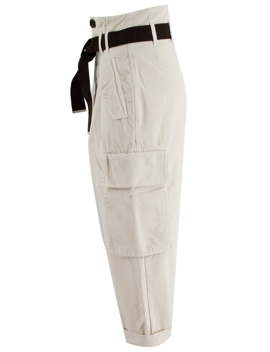 Pinko High-Waisted Milk White Cargo Trousers With Knotted Belt