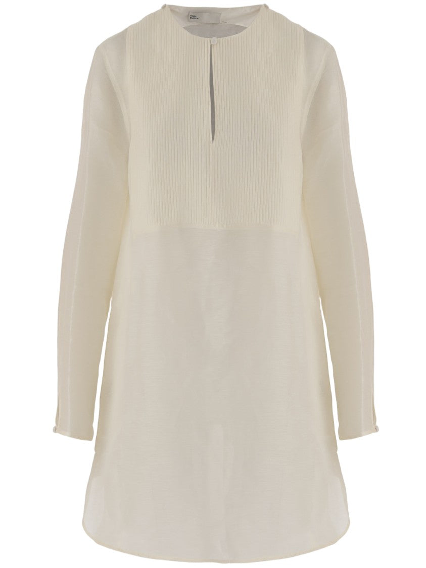 Tory Burch Ivory Linen-Silk Blend Dress With Mandarin Collar