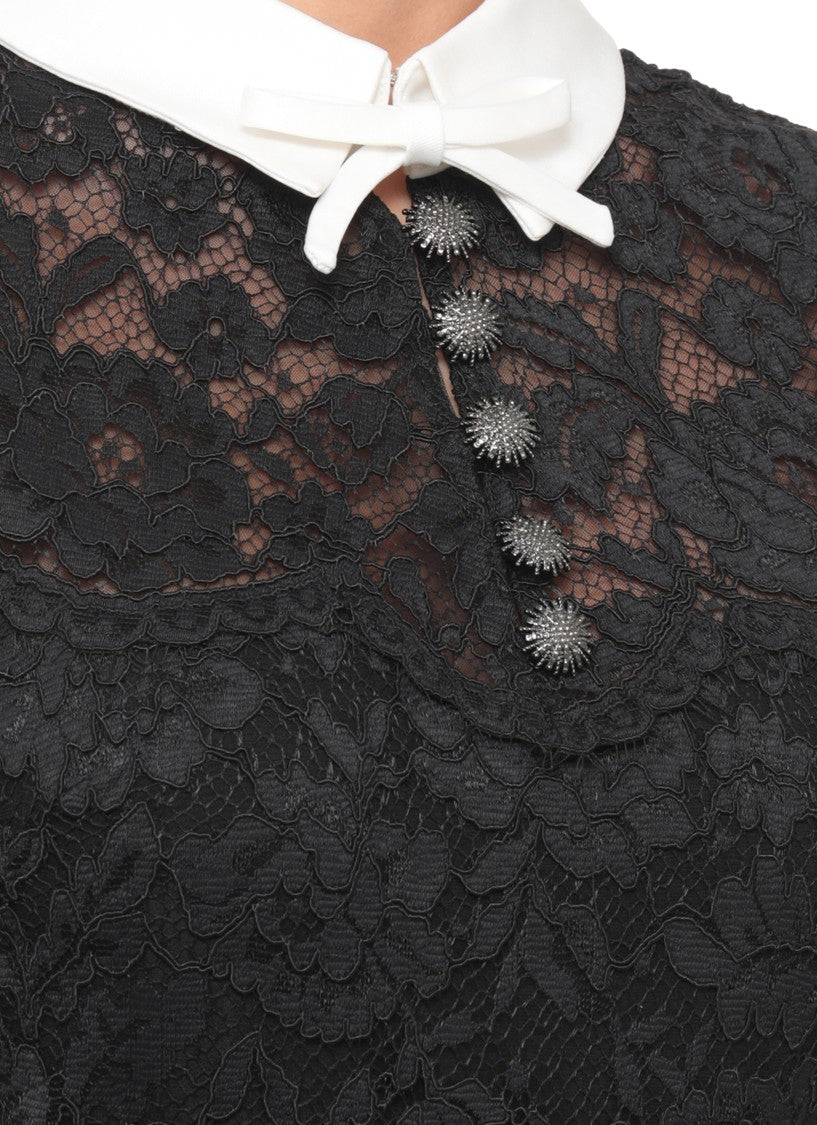 Self-Portrait Intricate Floral Lace Midi Dress With Bow Collar And Jewel Buttons