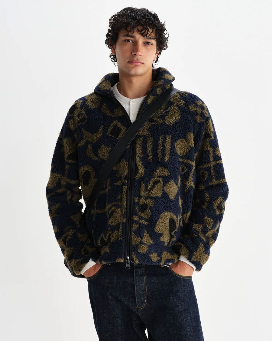 Wax London Navy Fleece Jacket With Khaki Abstract Pattern