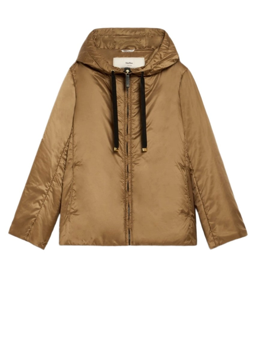 Max Mara Short Brown Hooded Coat With Minimalist Design And Metallic Accents
