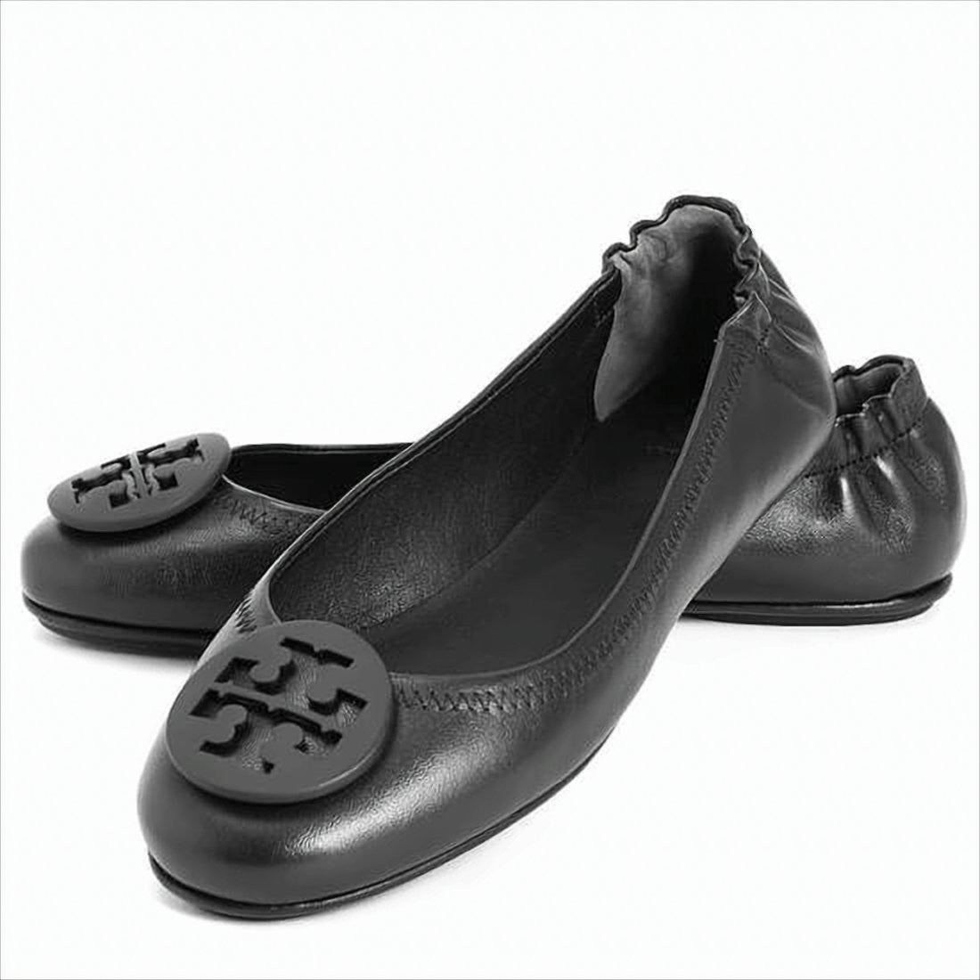 Tory Burch Black Leather Ballet Flats With Circular Logo Emblem