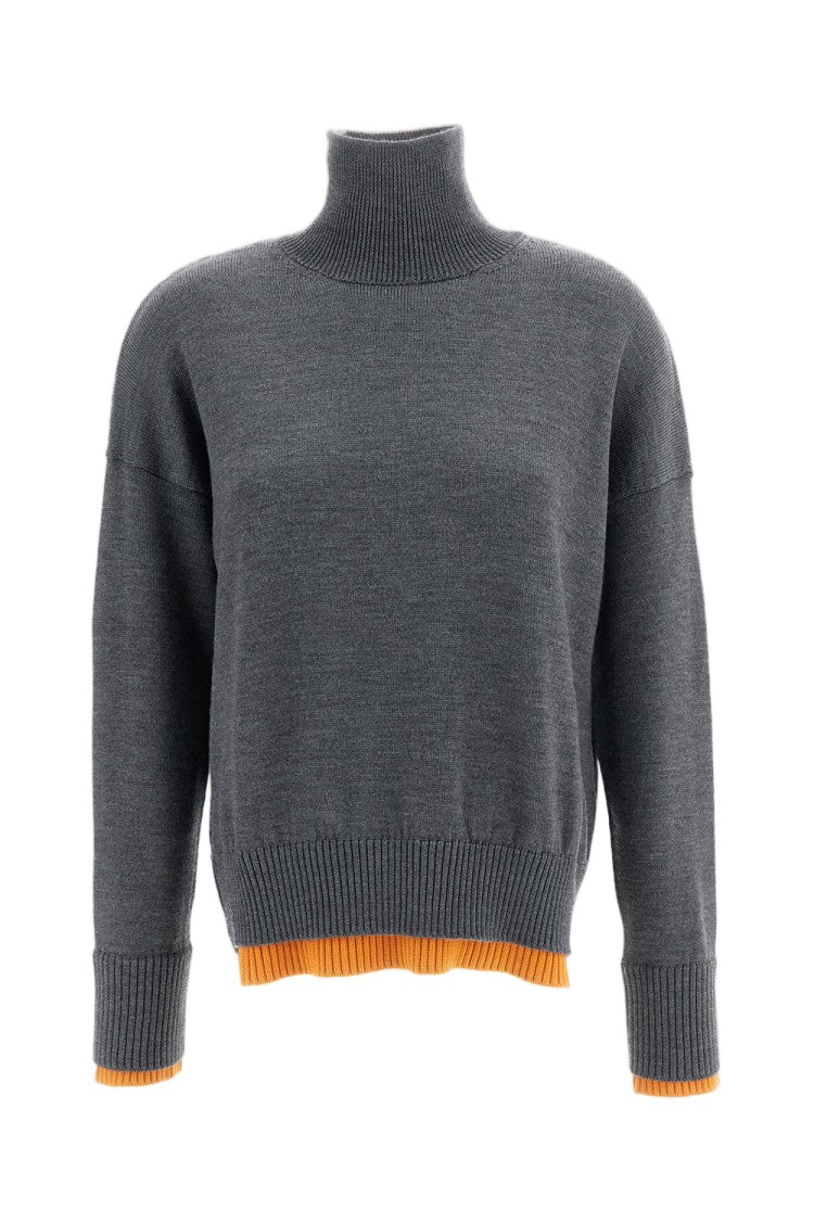 Plan C Grey Orange Merino Wool Double-Layer Turtleneck Sweater