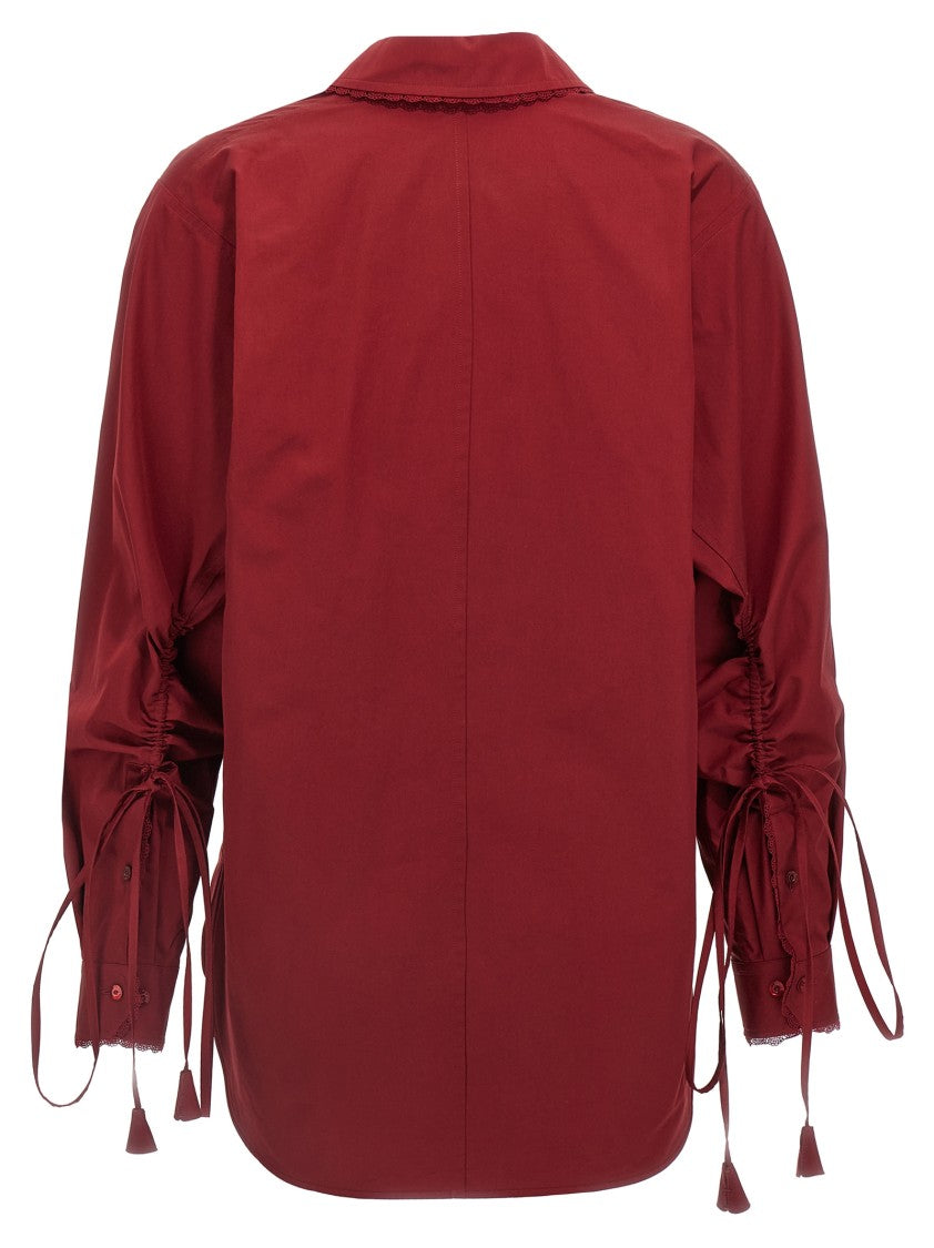 Gucci Knotted Lace Detail Long-Sleeved Shirt In Deep Red Cotton Poplin