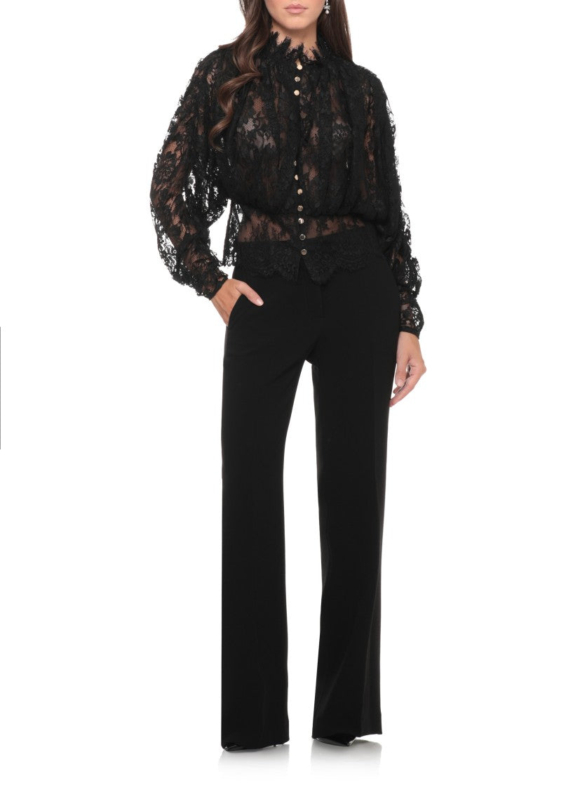 Self-Portrait Delicate Black Lace Shirt With High Collar And Gold Accents