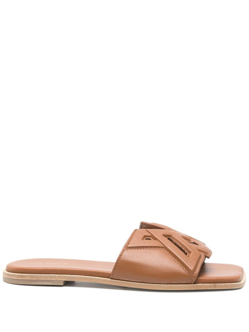Vic Matié Taupe Brown Debossed Logo Square Sandals