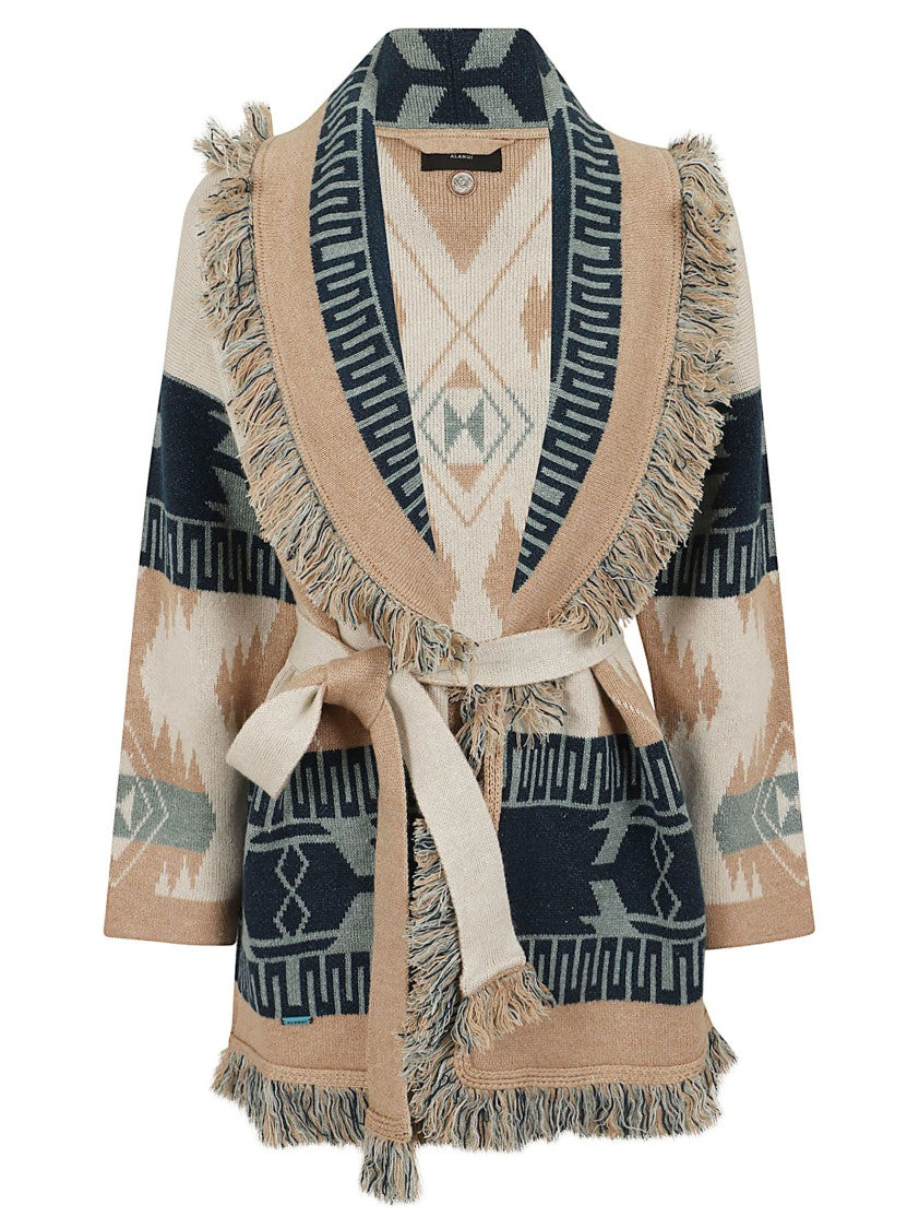 Alanui Jacquard Pattern Cardigan With Shawl Collar And Fringed Detail