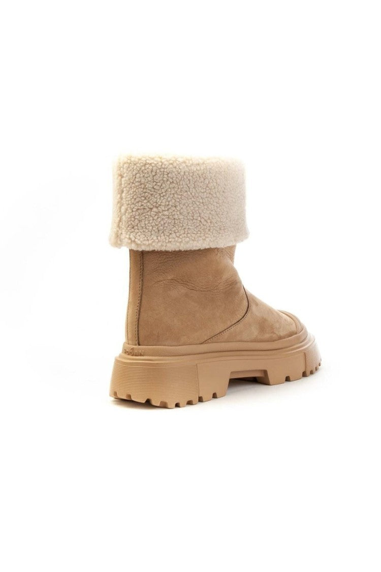 Hogan Beige Suede Shearling Cuff Lug Sole Boots