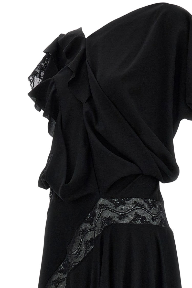 Junya Watanabe Fluid Maxi Dress With Lace Inserts And Ruffle Detailing