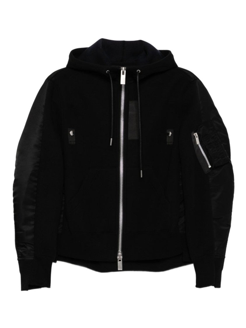 Sacai Matte And Shiny Black Sweatshirt With Zip Details