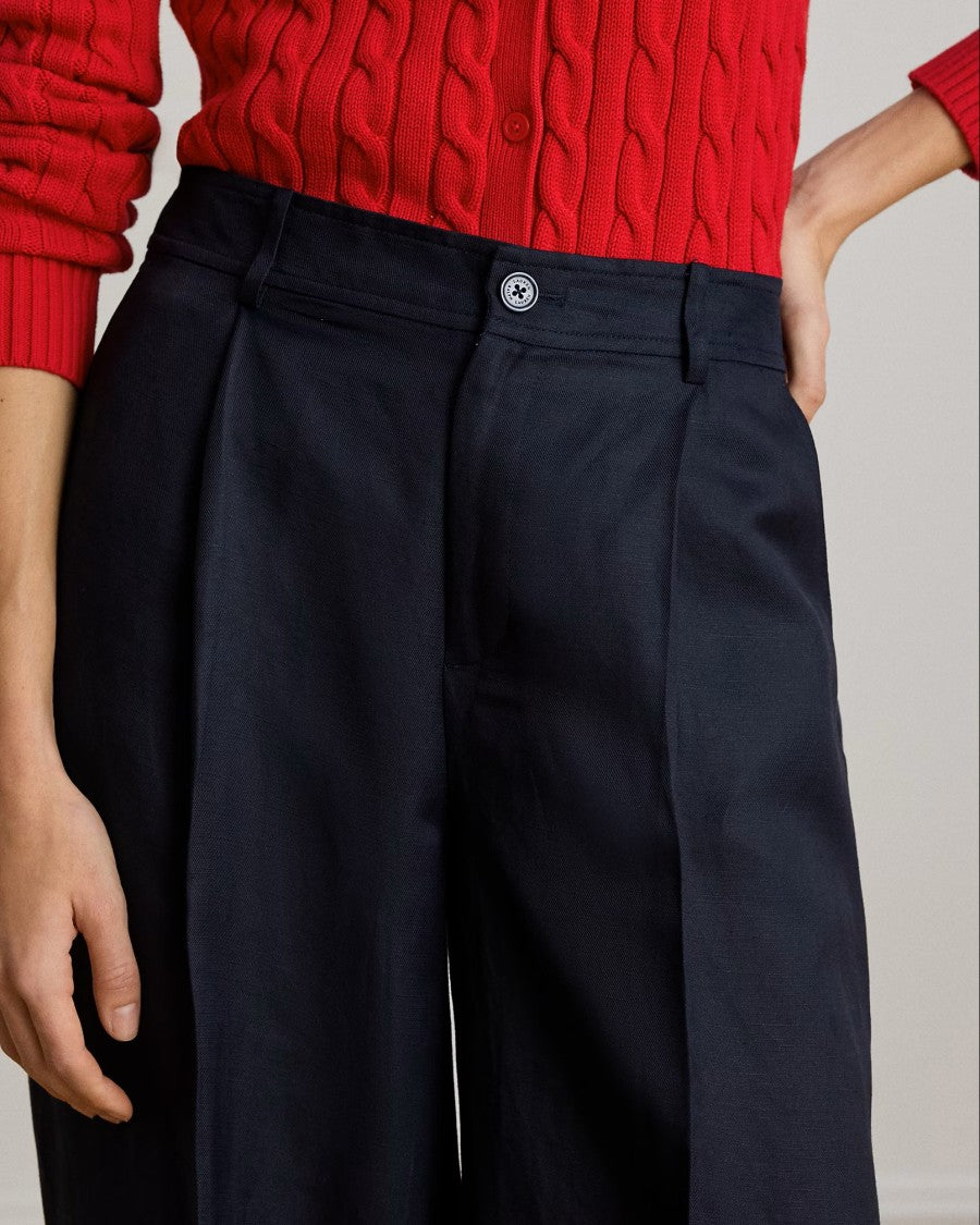 Lauren Ralph Lauren Navy Blue Woven Linen Wide Trousers