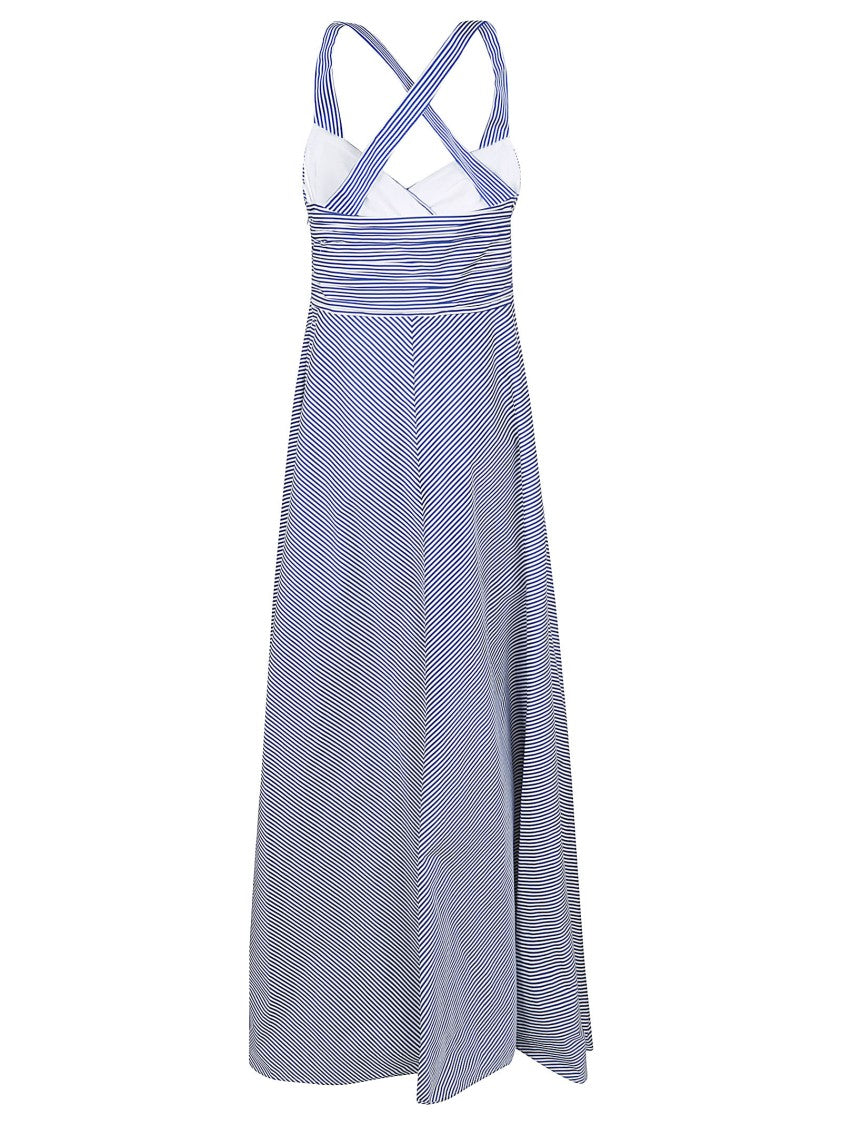 Lauren Crisscross-Back Striped Midi Dress With Flared Skirt