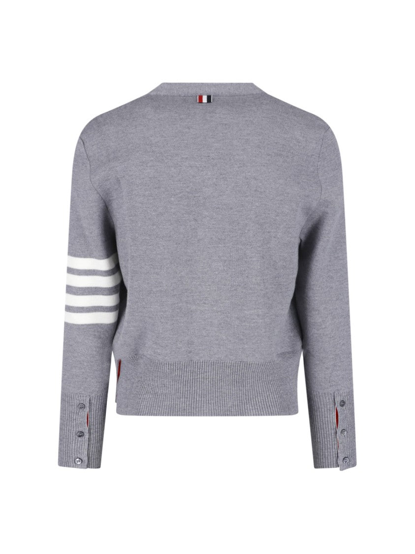 Thom Browne V-Neck Grey Cardigan Sweater With Button-Down Front And Signature Stripes