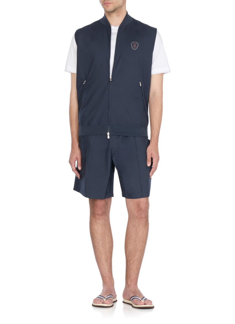 Brunello Cucinelli Sporty Blue Sleeveless Jacket With Contrasting Logo