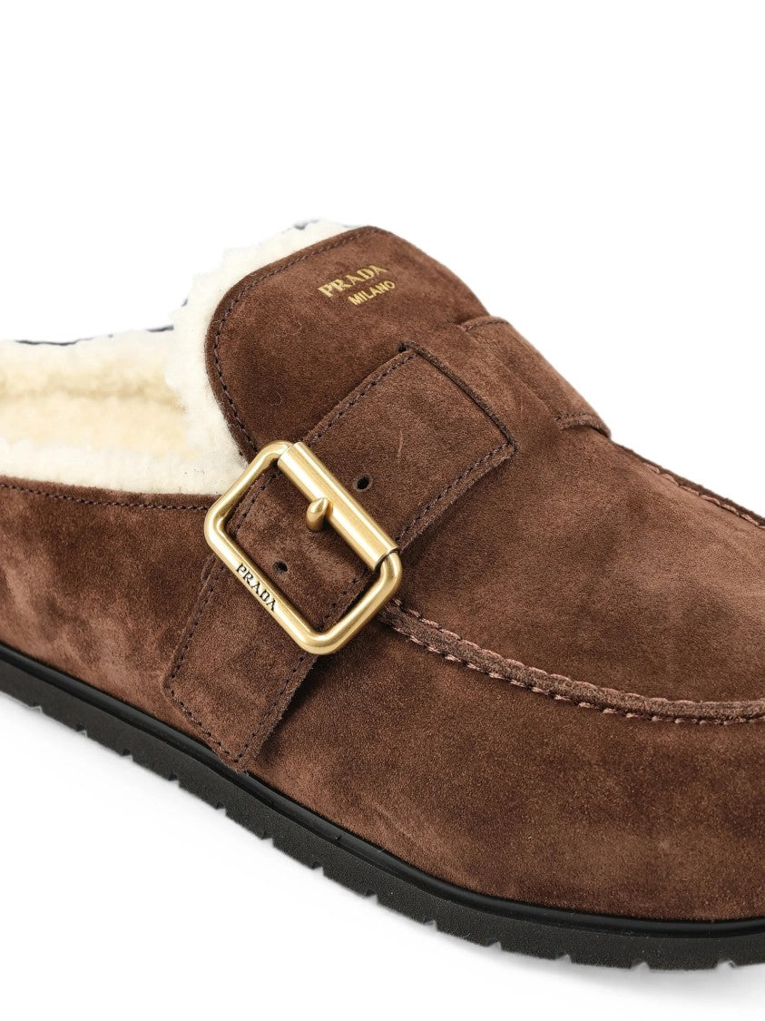 Prada Brown Suede Slip-On Flats With Plush Lining And Decorative Buckle