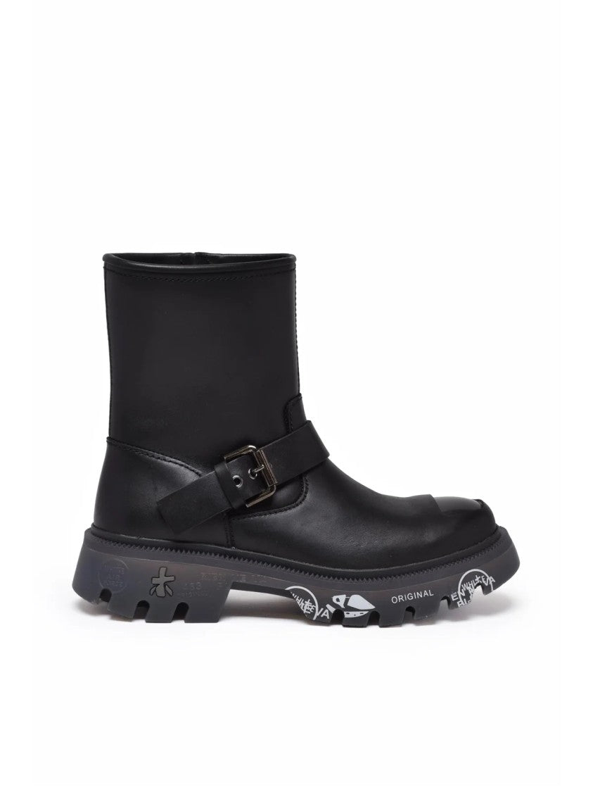 Premiata Black Leather Buckle Biker Boots