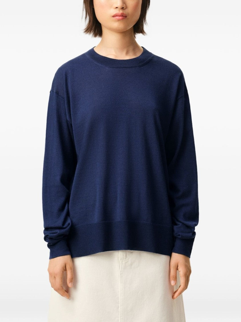 Ami Paris Ink Blue Ribbed Knit Logo Sweater