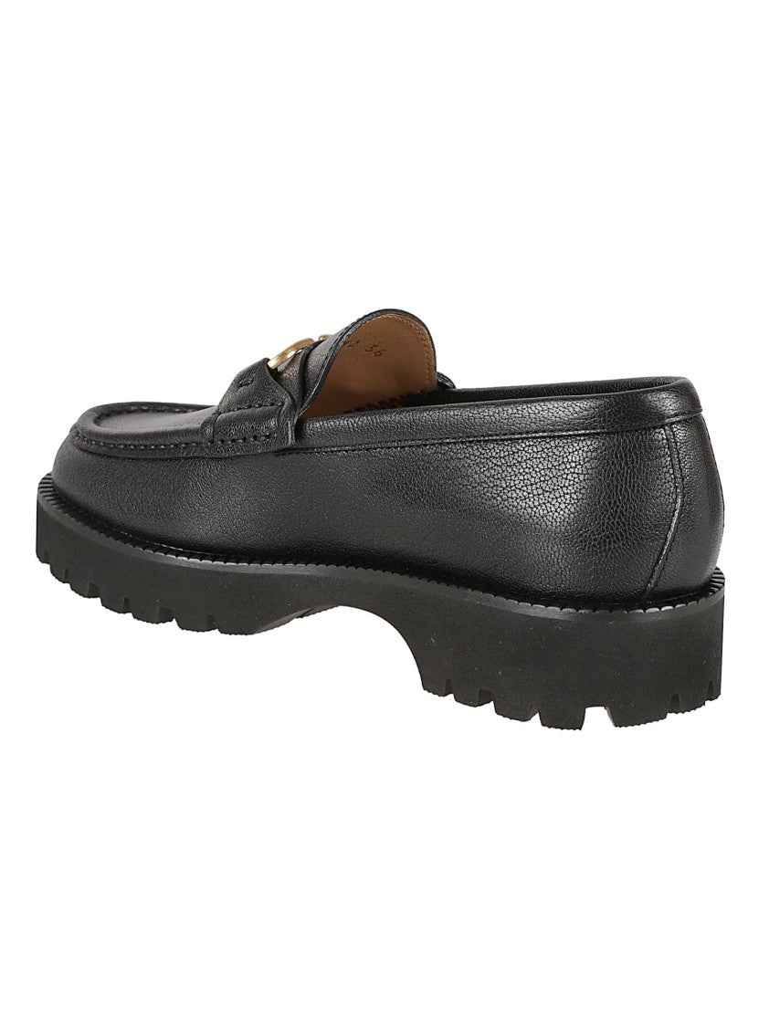 Valentino Garavani Pebbled Black Leather Flat Shoes With Gold Accent