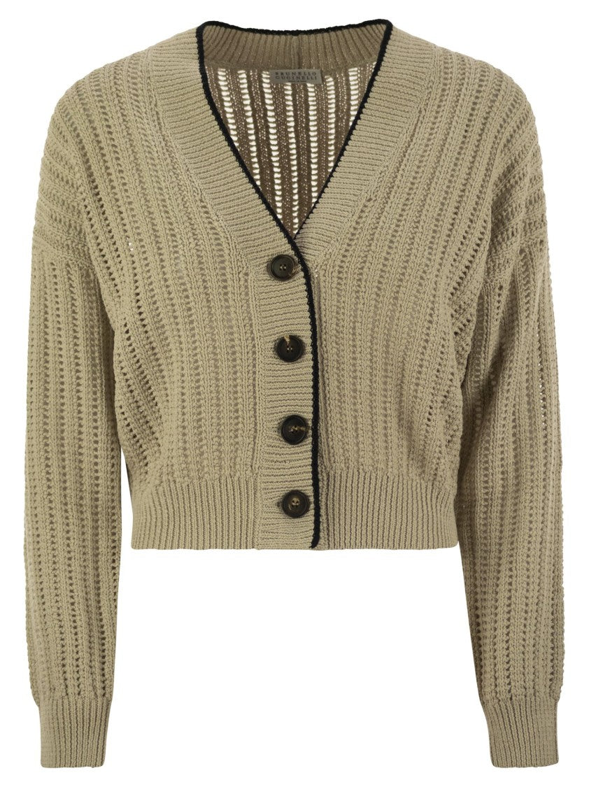 Brunello Cucinelli Perforated Rib Cotton Knit Cardigan With Jewellery