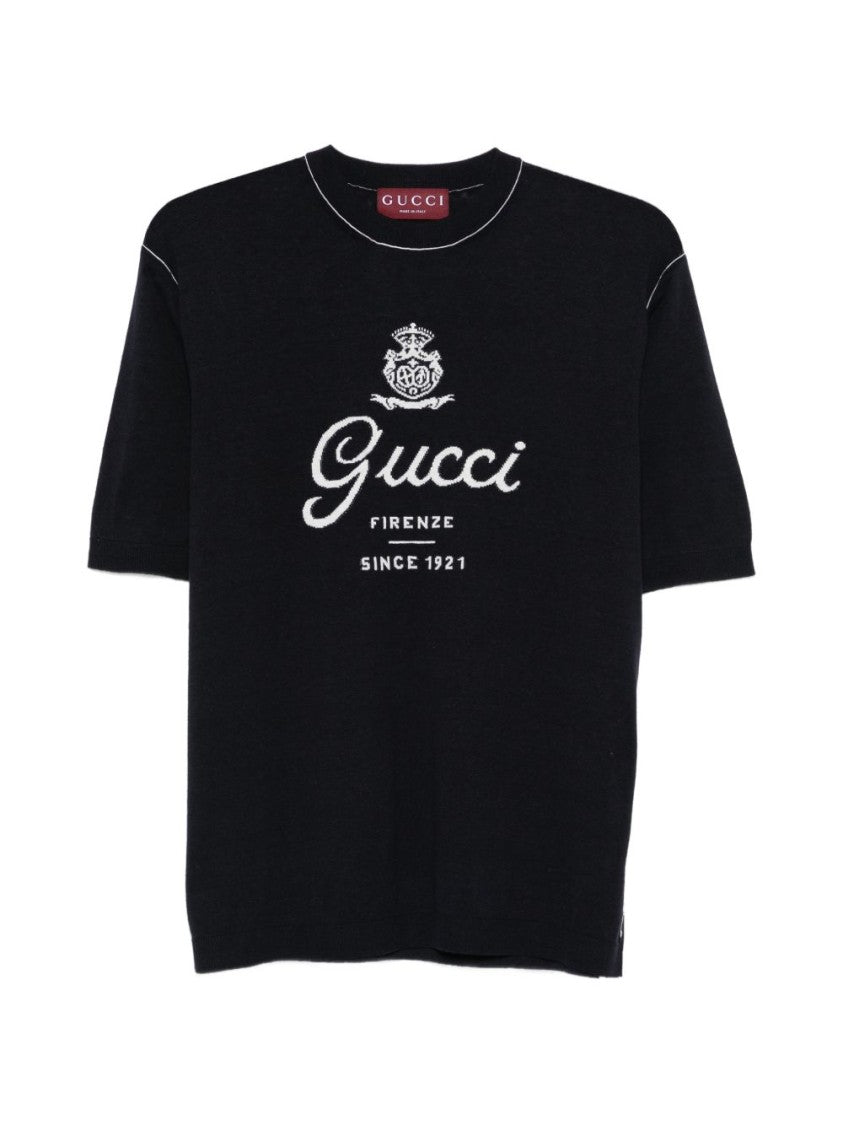 Gucci Dark Blue Silk-Linen Knit Intarsia T-Shirt