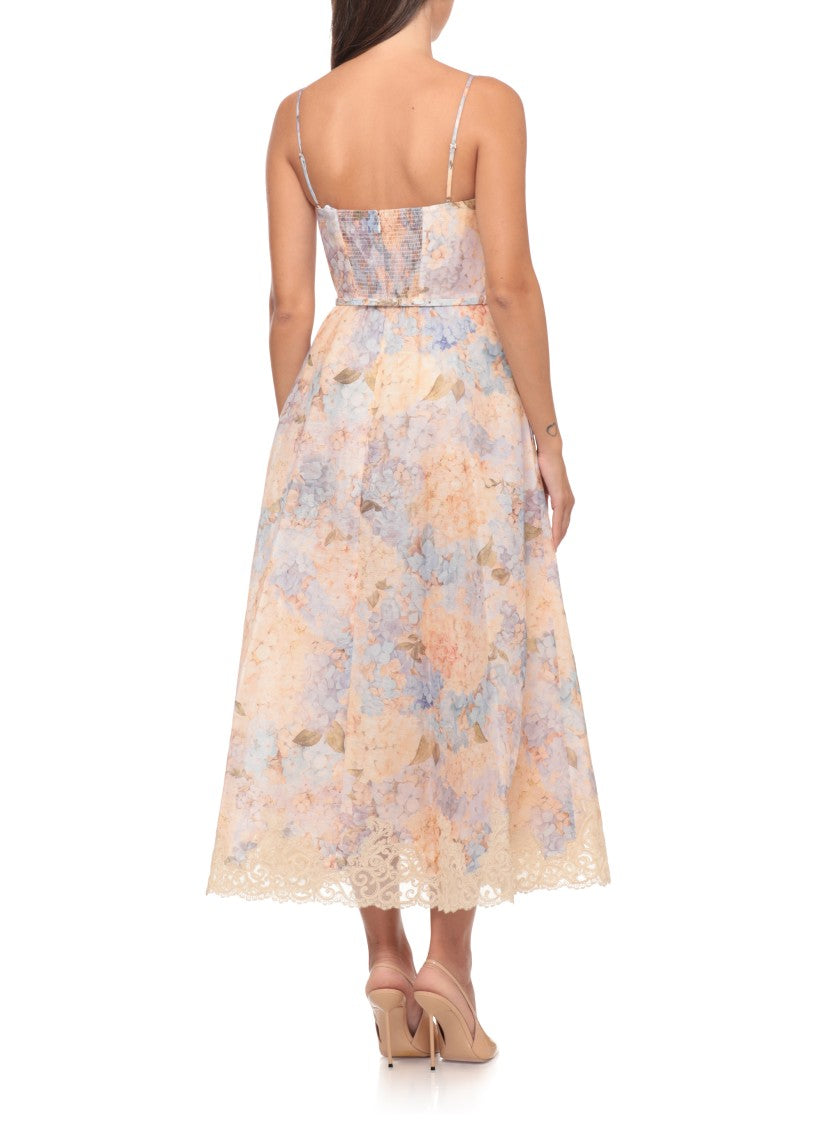 Zimmermann Midi-Length Floral Pattern Dress With Adjustable Waist Bow