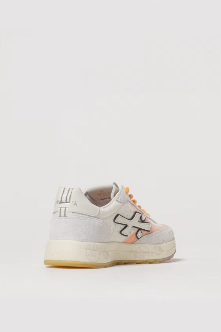 Premiata White Coral-Orange Lace Accents Logo Patch Low-Top Sneakers