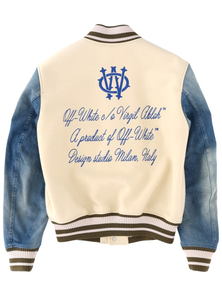 Off-White Gothic Wool Denim Jacket With Snap-Button Closure And Striped Details