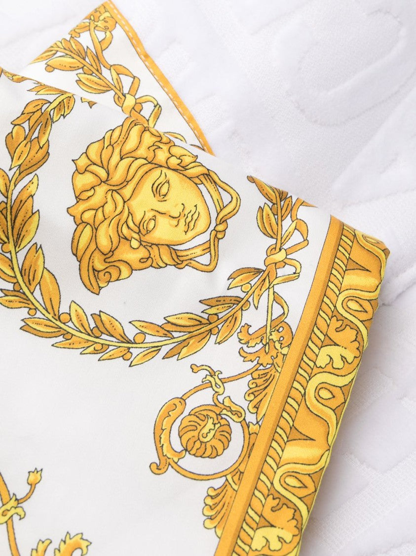 Versace White Cotton Barocco Logo Print Hooded Robe