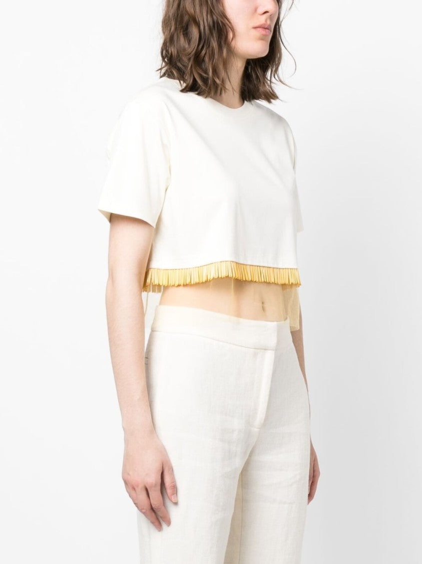 Lanvin Fringed Cropped T-Shirt With Tulle Inserts