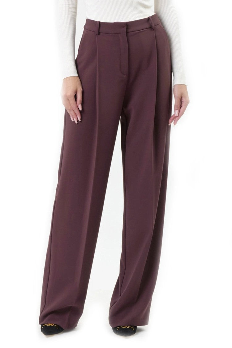 Elisabetta Franchi Burgundy High-Waisted Pleated Polyester-Blend Wide-Leg Pants