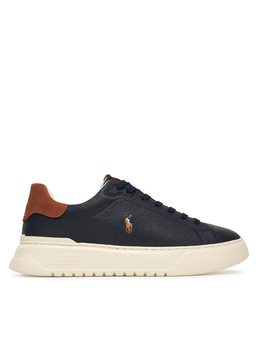 Polo Ralph Lauren Navy Leather Low-Top Sneakers With Contrasting Brown Accents