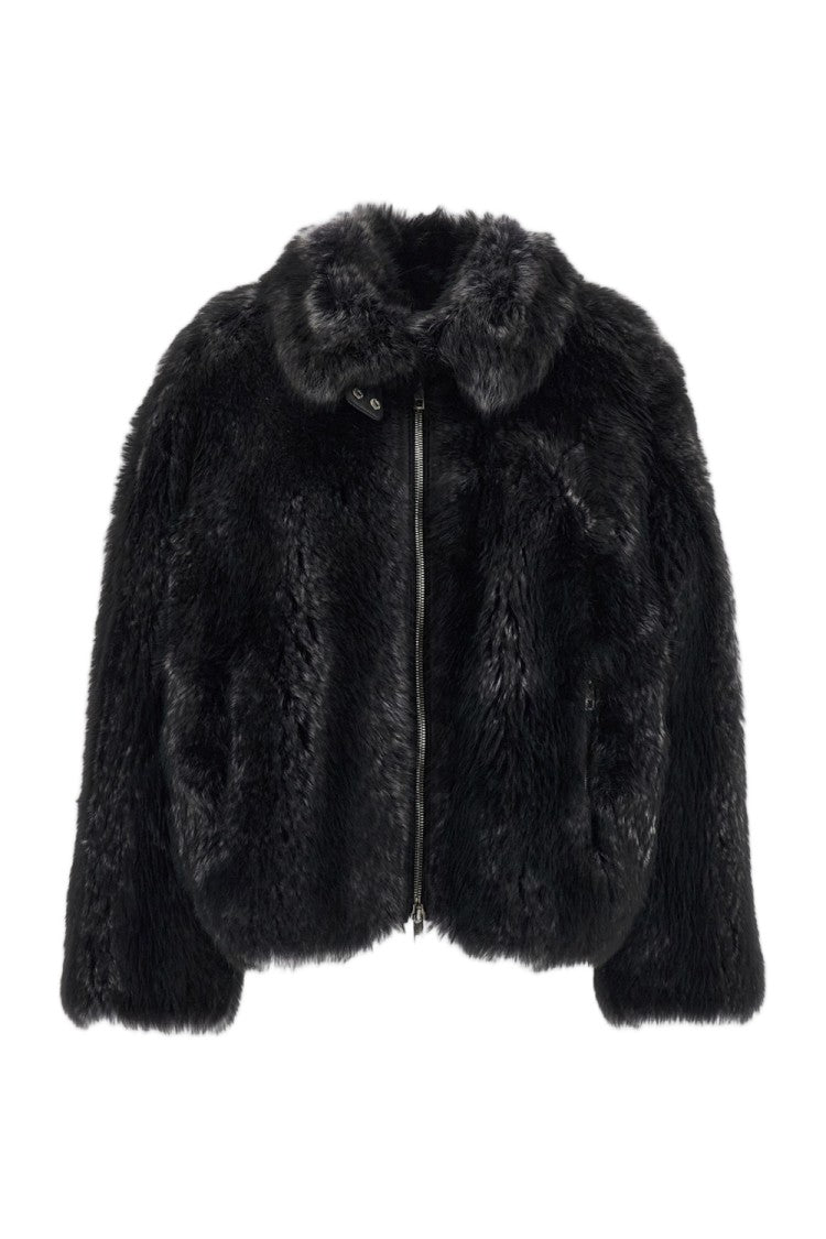 Desa 1972 Black High-Collar Shearling Leather Jacket