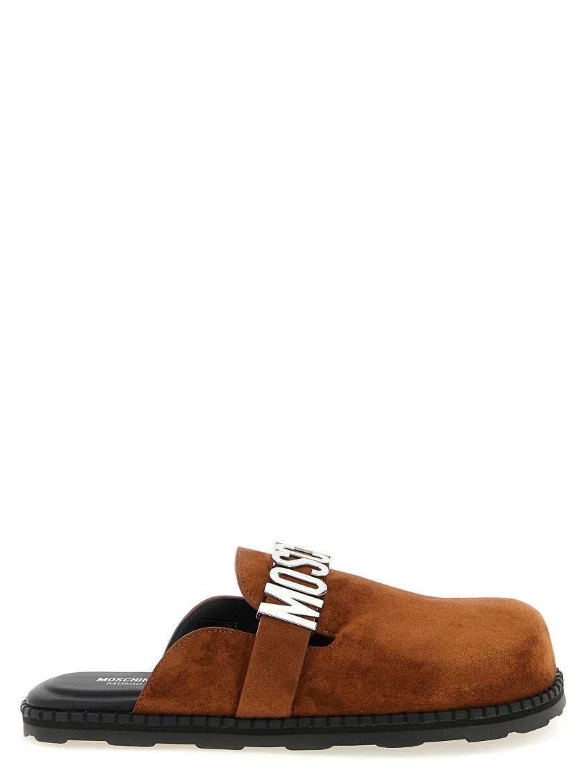 Moschino Polka Dot-Effect Suede Sabots With Metal Logo Strap