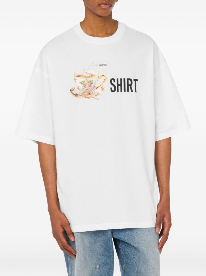 Moschino White Tea Cup Graphic Dropped T-Shirt