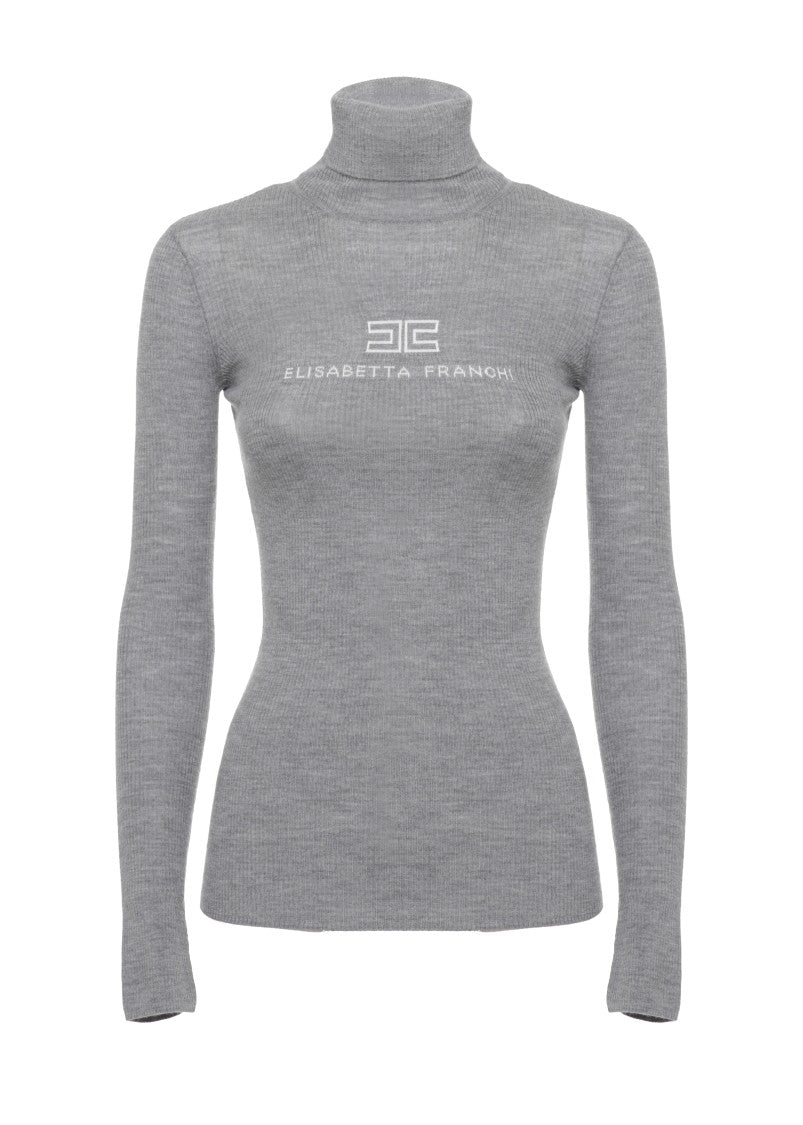 Elisabetta Franchi Fitted High Neck Wool Sweater With Embroidered Logo