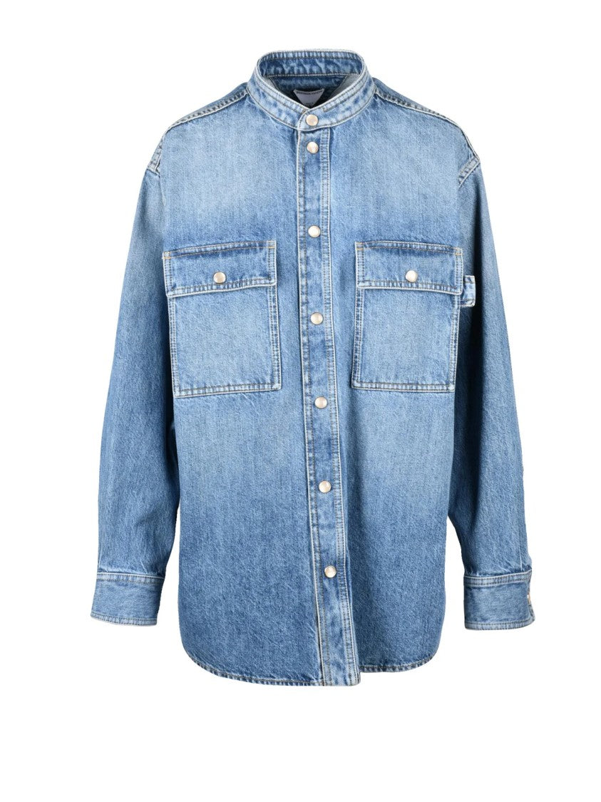 Bottega Veneta Light Blue Mandarin Collar Cotton Denim Shirt