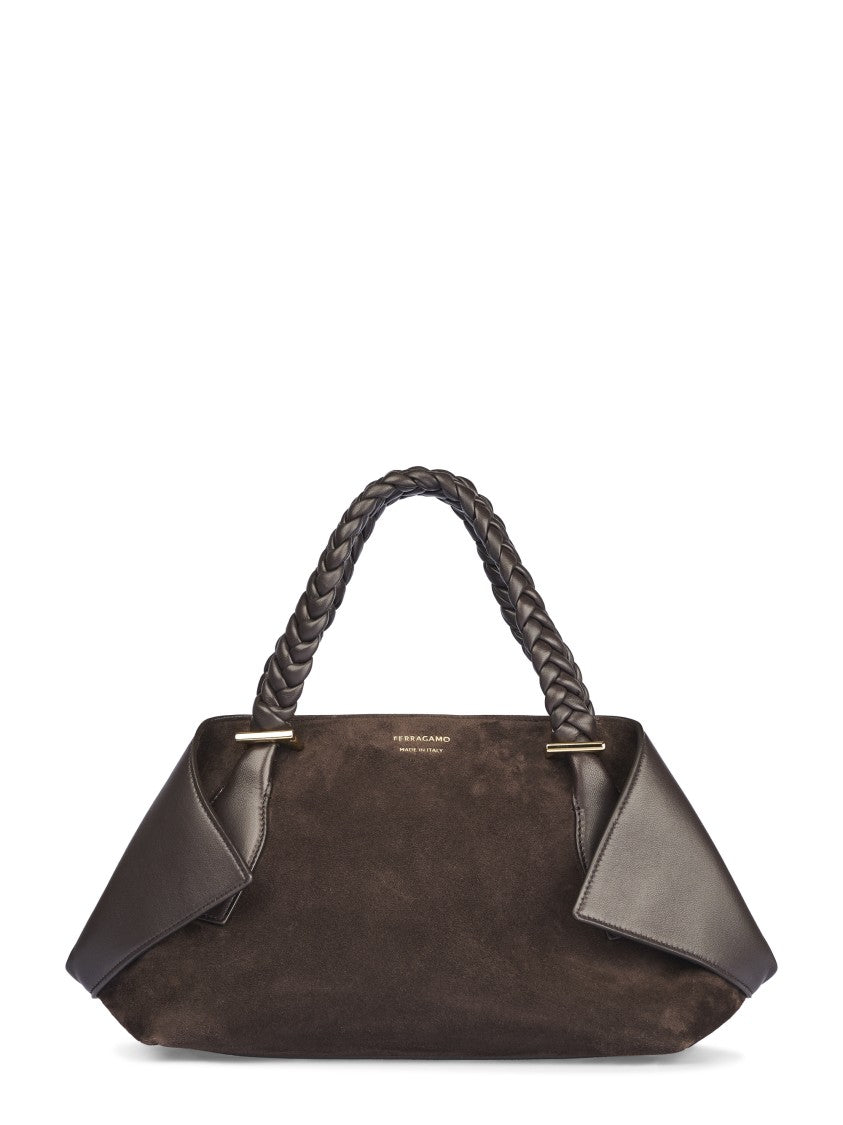 Ferragamo Brown Suede Handbag With Braided Leather Handles