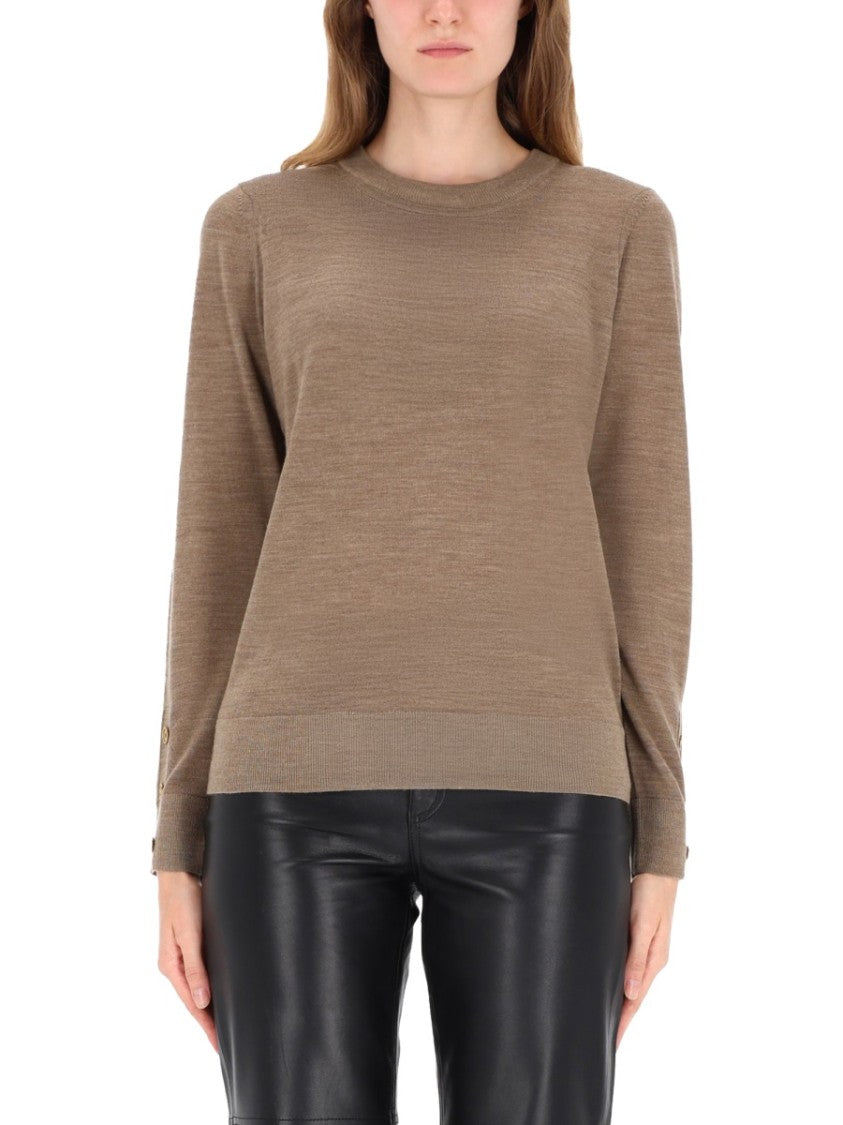 Michael Michael Kors Beige Merino Wool Sweater With Ribbed Cuffs And Button Detail