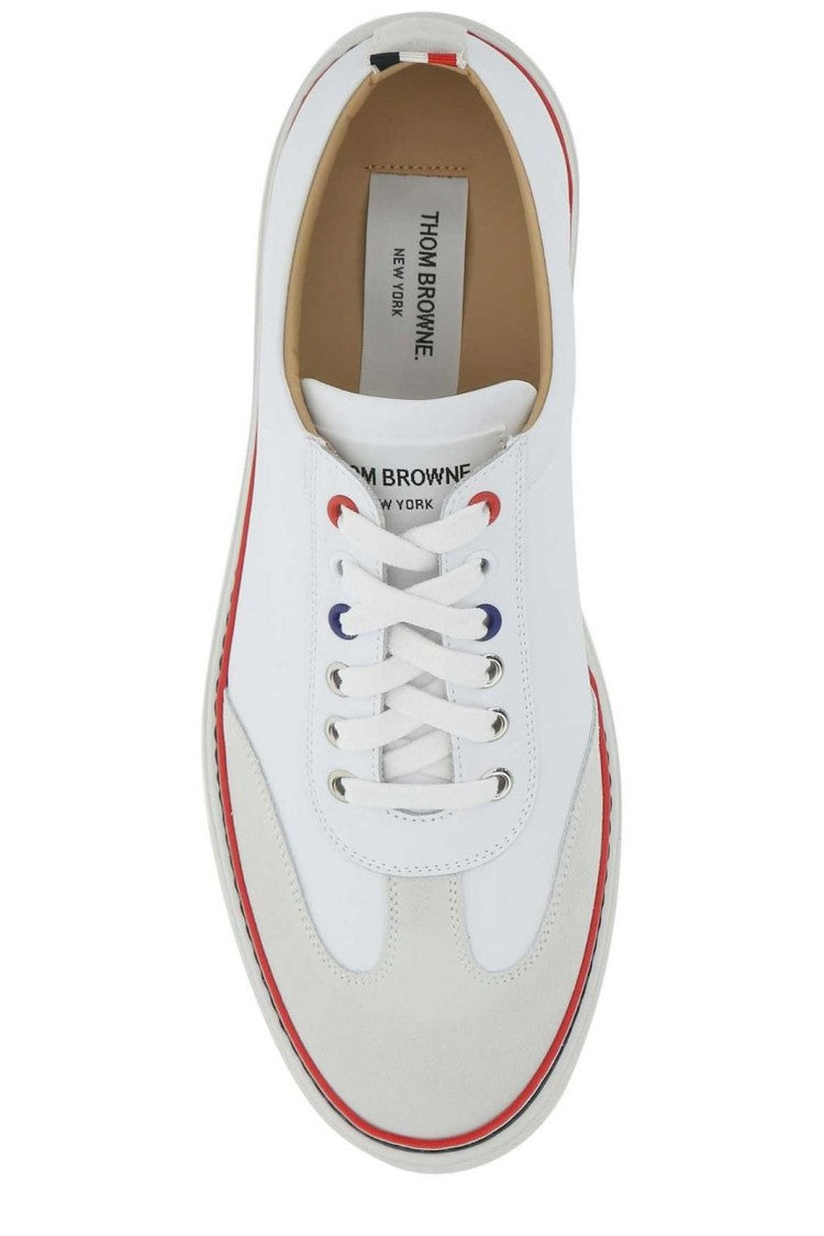 Thom Browne Low-Top White Leather Sneakers With Suede Accents And Signature Detailing