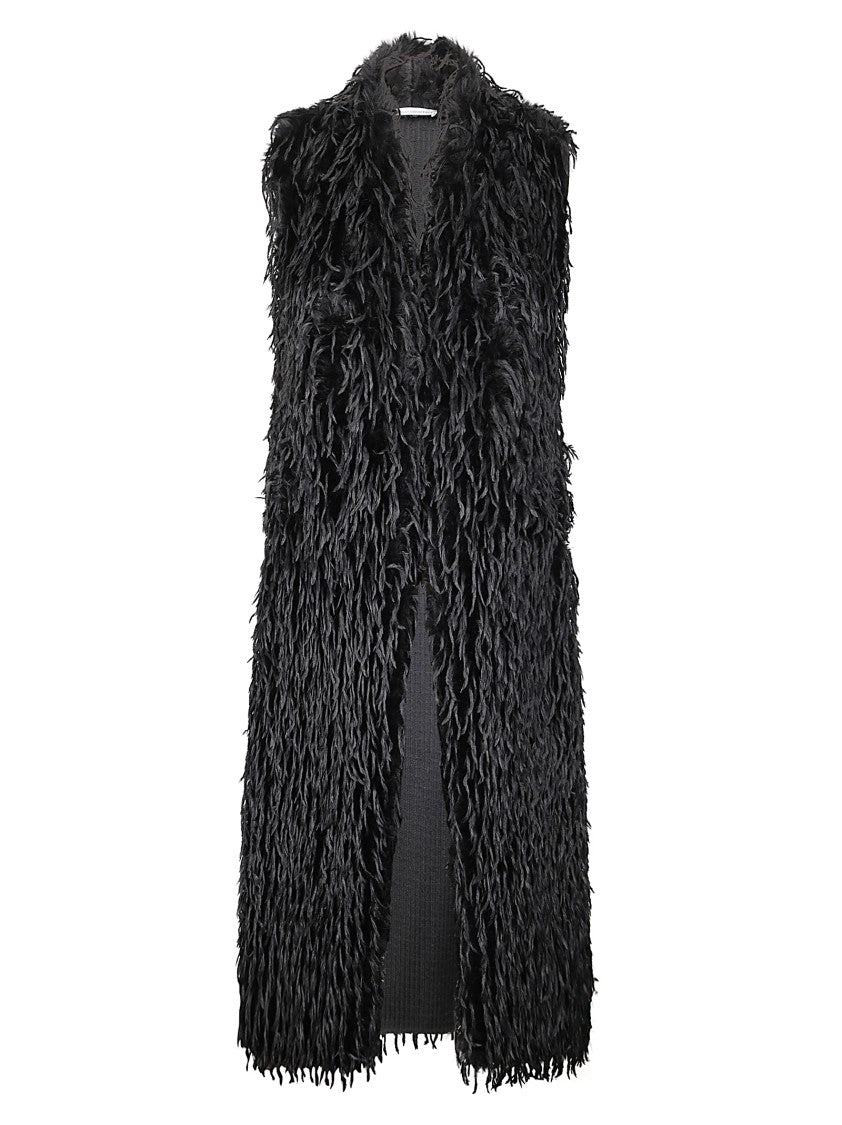 Stefano Mortari Long Sleeveless Coat With Black Fringes And Relaxed Fit