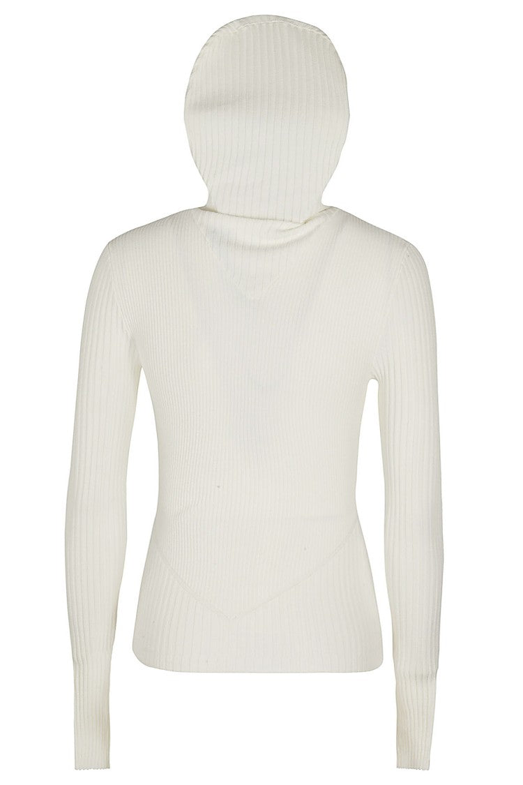Andreâdamo Ivory Ribbed Knit Hoodie Top With High Neckline