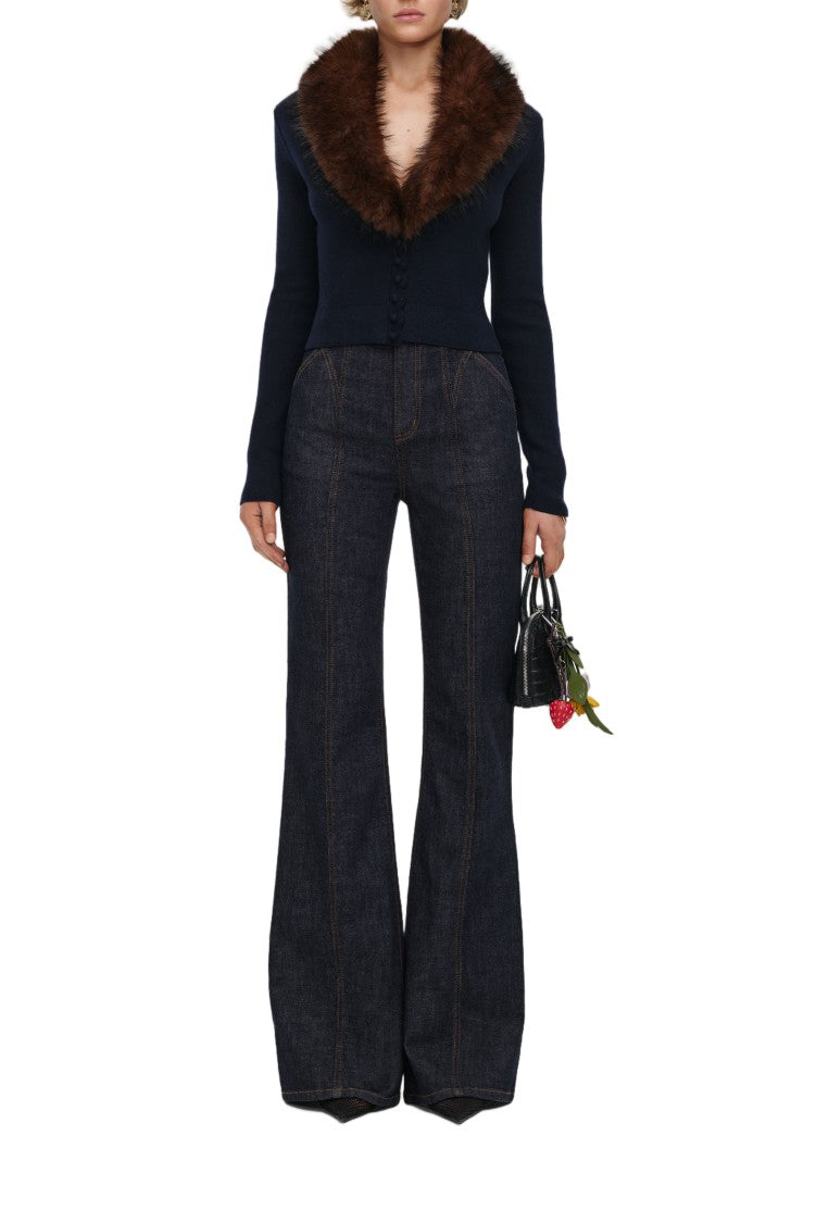 Self-Portrait Fitted Navy Blue Sweater With Brown Fur Collar