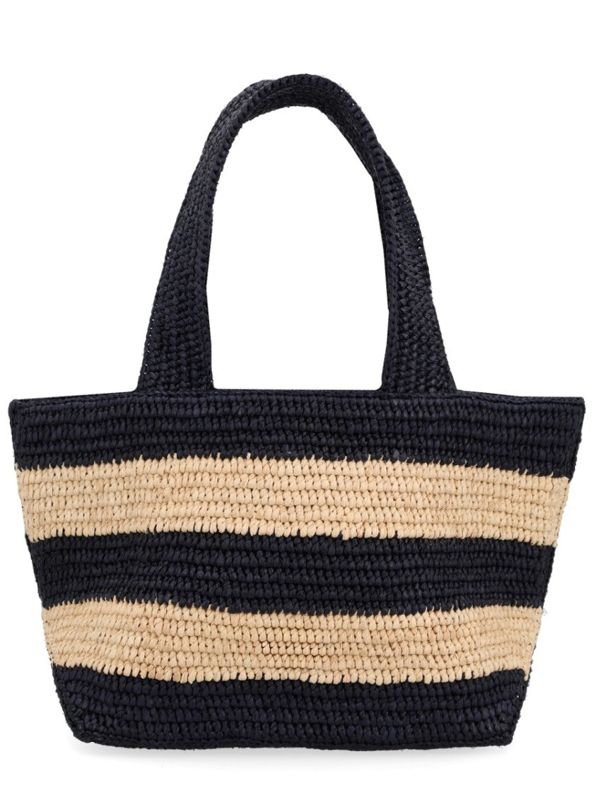 Patou Black Striped Woven Raffia Tote Bag