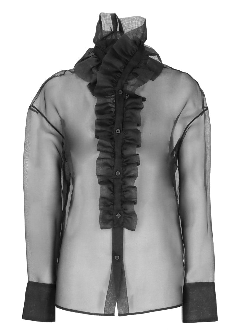 D. Exterior Black Sheer Silk Ruffled Jabot Shirt